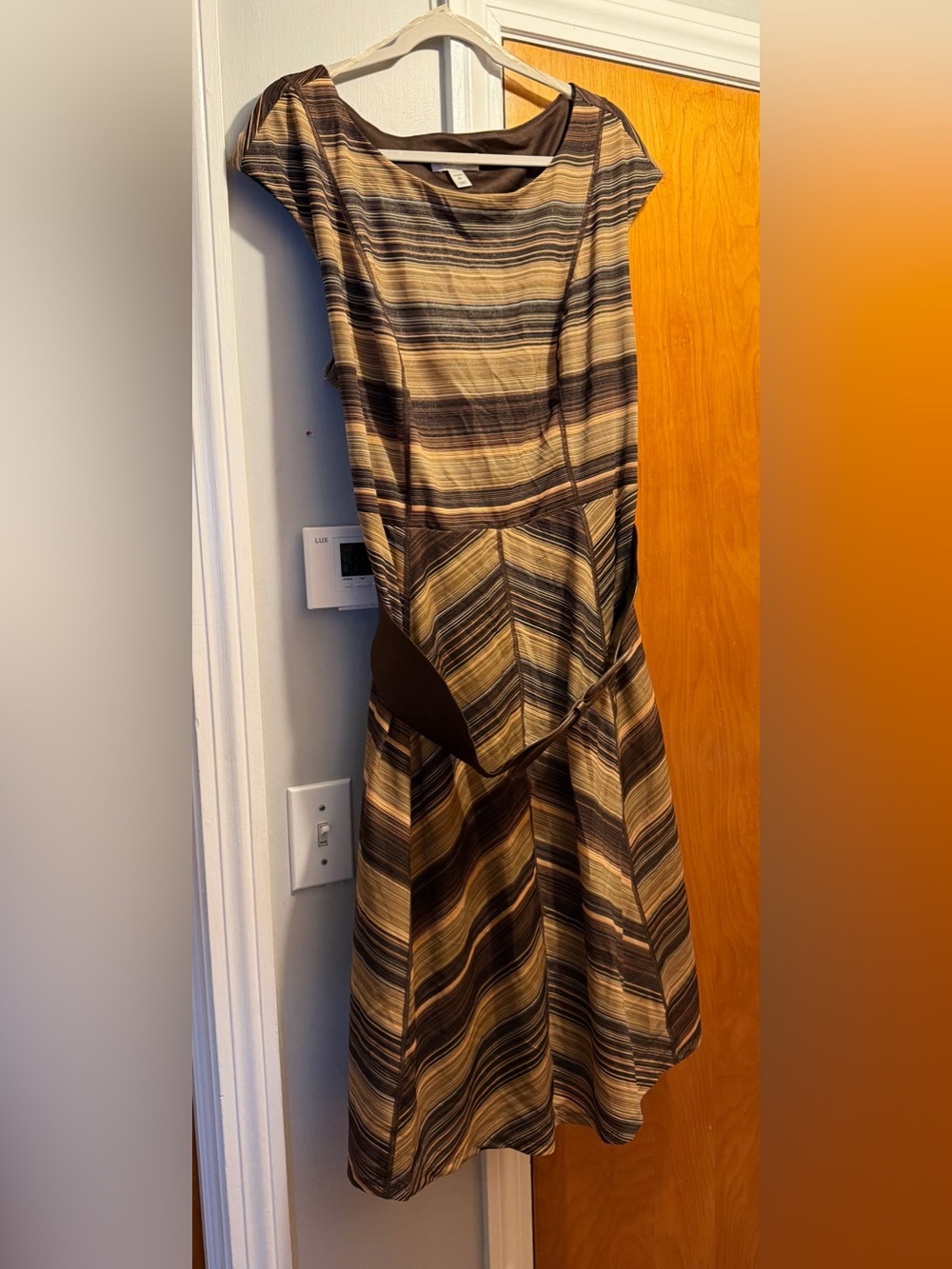 dressbarn Brown and Cream Striped Fit-and-Flare Midi Dress